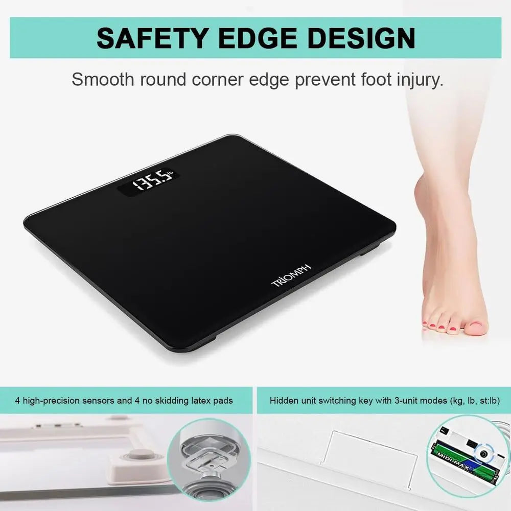 Slimline Step-On Digital Bathroom Scale, Tempered Glass, 400 lbs Capacity, Weight Loss Tracker, Black