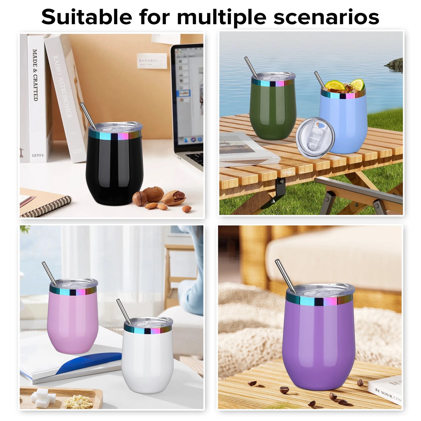 12 Pack 12 oz With Cap Stainless Steel Insulated Stemless Double Wall Vacuum Wine Glass,for laser Engraving Gifts,6 Colors