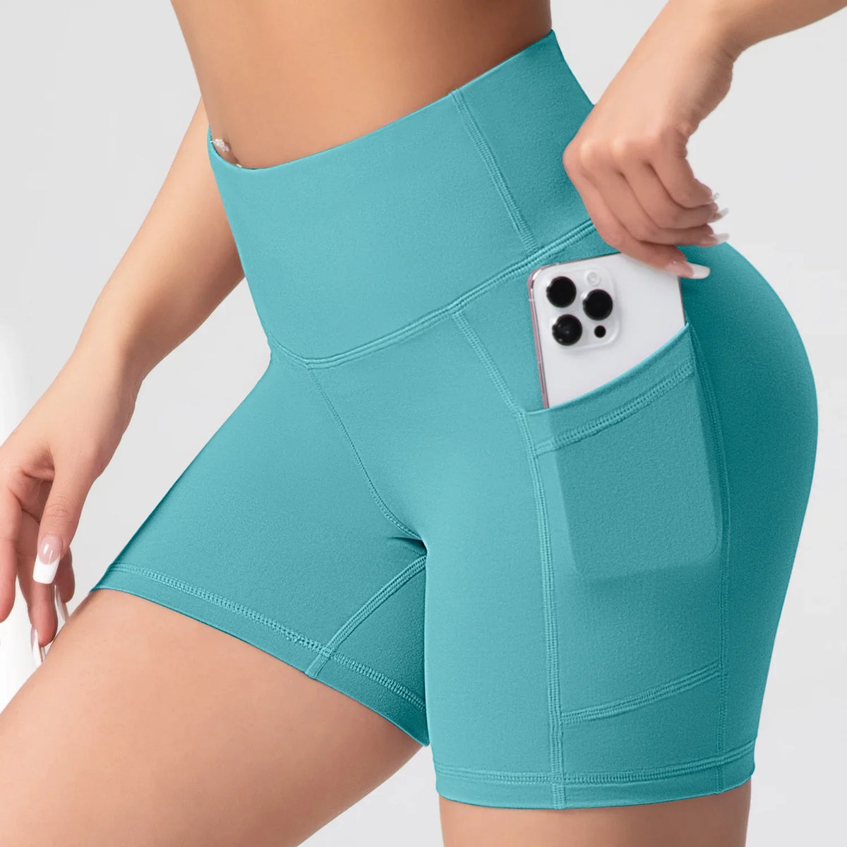 Women High Waist Yoga Shorts with Pockets Butt Lifting Cycling Tights Elastic Slim Running Fitness Sportswear