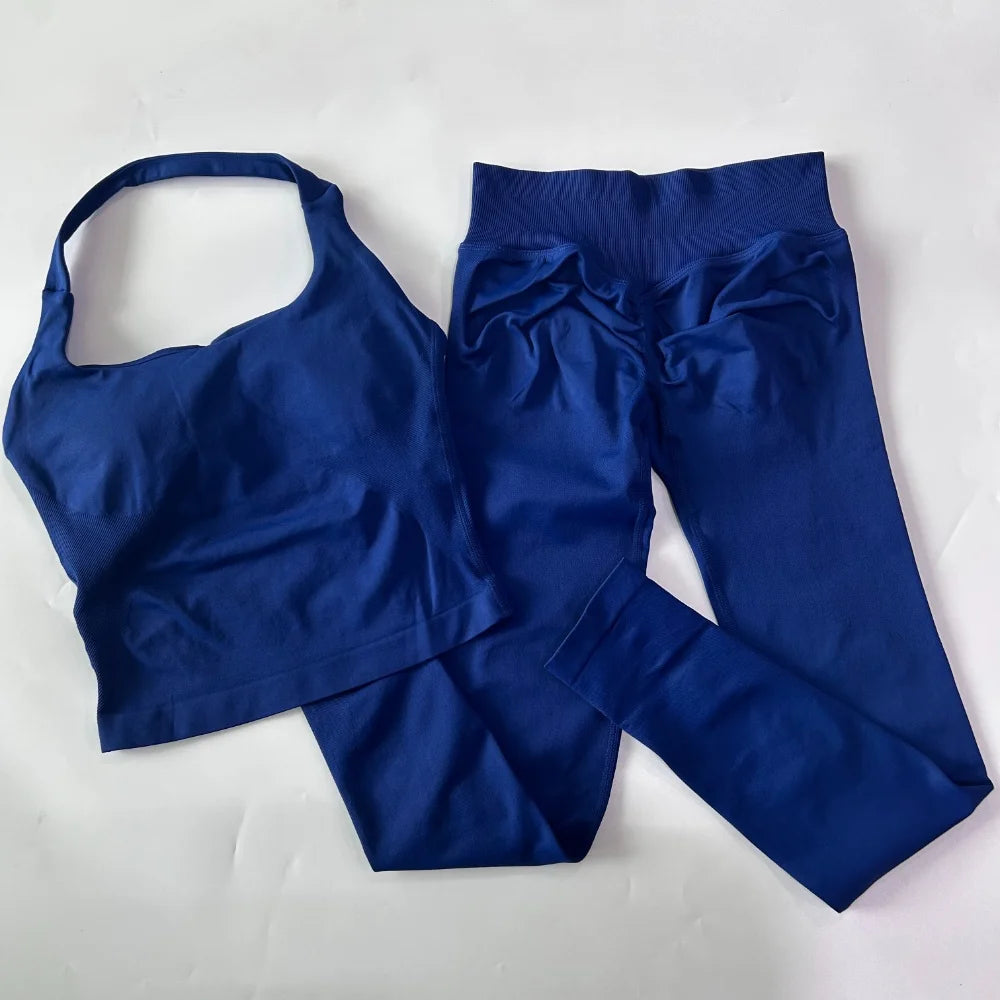 2pcs Women's Gym Set Backless Tank Top High Waist Scrunch Shorts Seamless Fitness Activewear Workout Suit