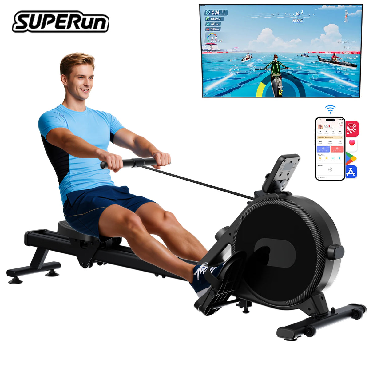 Home Rowing Machine 32Level Adjustable Resistance 300LBS Trainer Row Machine LED Monitor Tablet Holder Bluetooth Fitness Machine