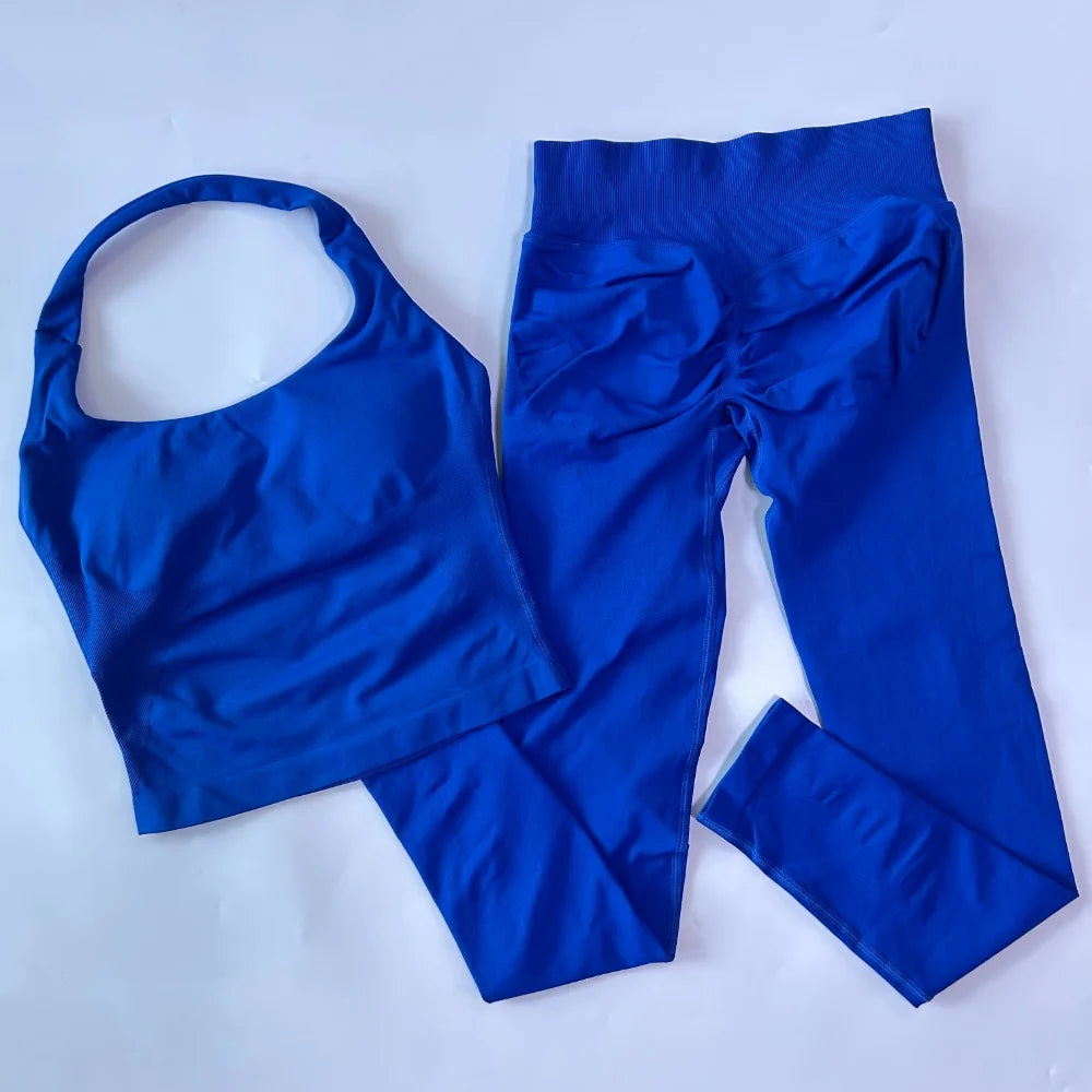 2pcs Women's Gym Set Backless Tank Top High Waist Scrunch Shorts Seamless Fitness Activewear Workout Suit