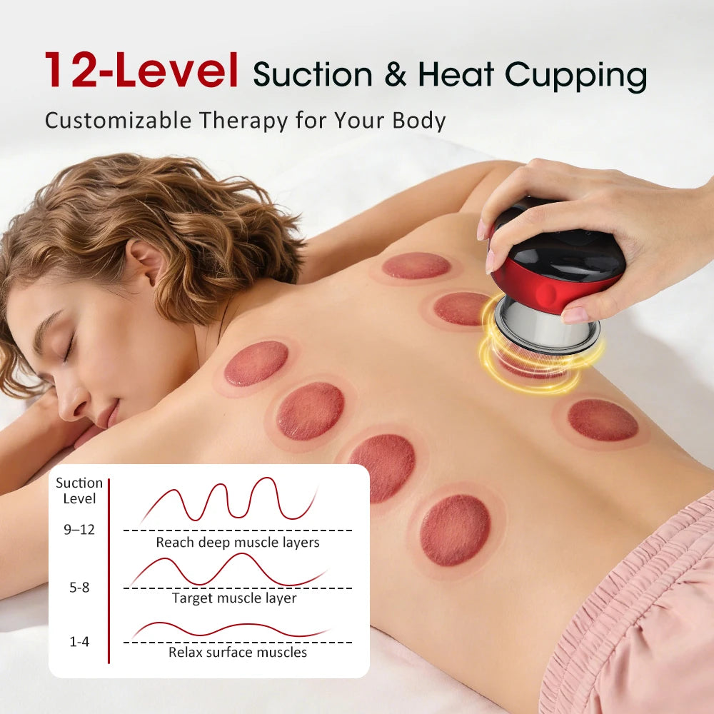 Electric Cupping Massager 12 Levels Vacuum Suction Red Light Heating LCD Display 20Min Timer Body Relaxation Care Gua Sha Tool