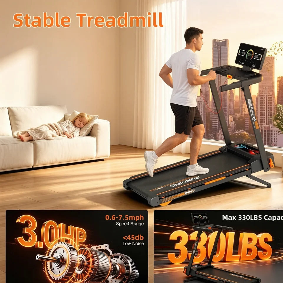 3.0HP Low Noise Folding Treadmill,15-Level Auto Incline,15.75 Inch Shock Absorption Belt,0.6-7.5MPH Adjustable Speed,330LBS Max Load,Knee Protection Indoor Home Fitness Equipment