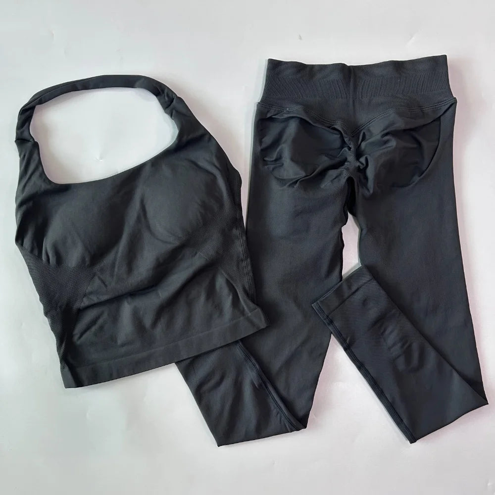 2pcs Women's Gym Set Backless Tank Top High Waist Scrunch Shorts Seamless Fitness Activewear Workout Suit