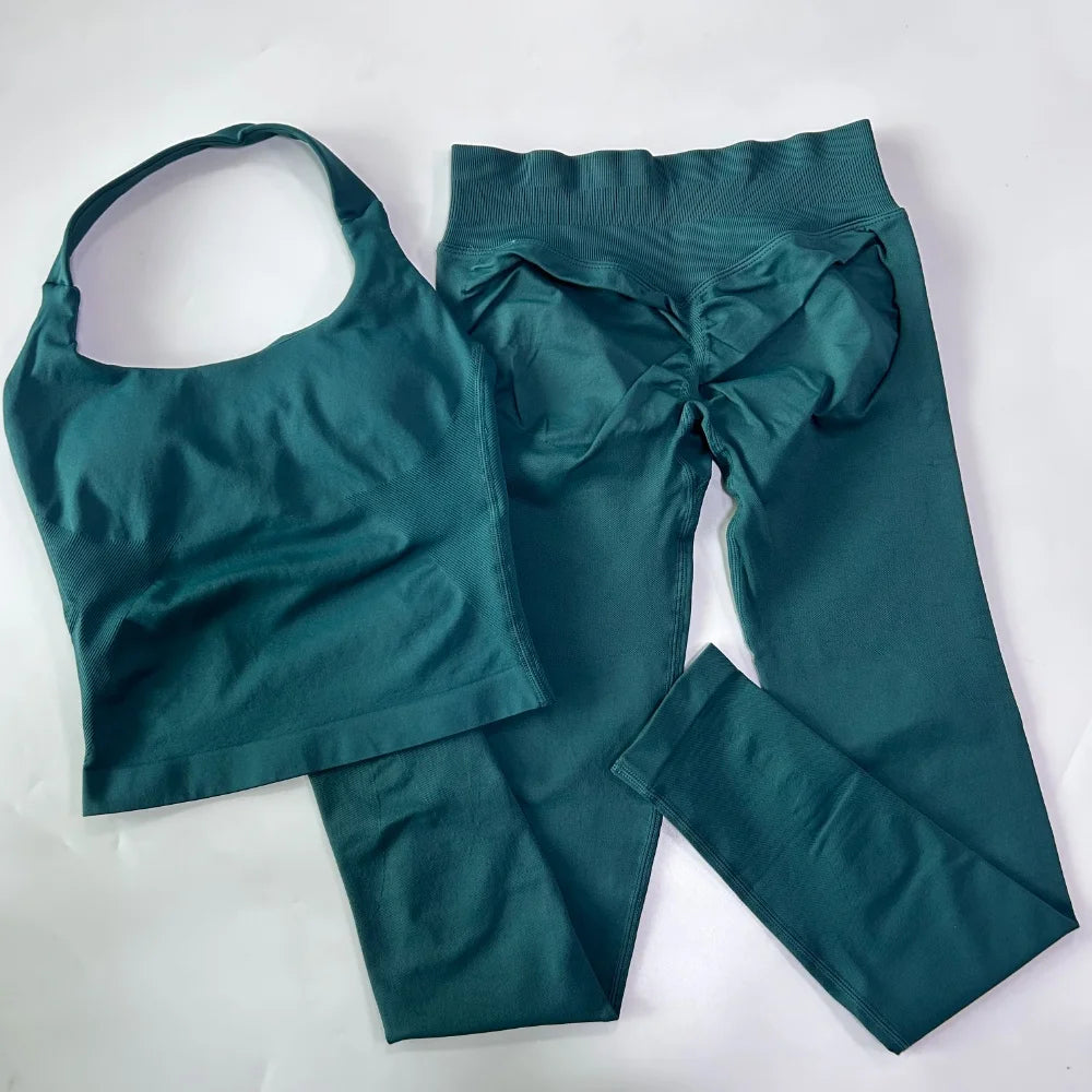 2pcs Women's Gym Set Backless Tank Top High Waist Scrunch Shorts Seamless Fitness Activewear Workout Suit