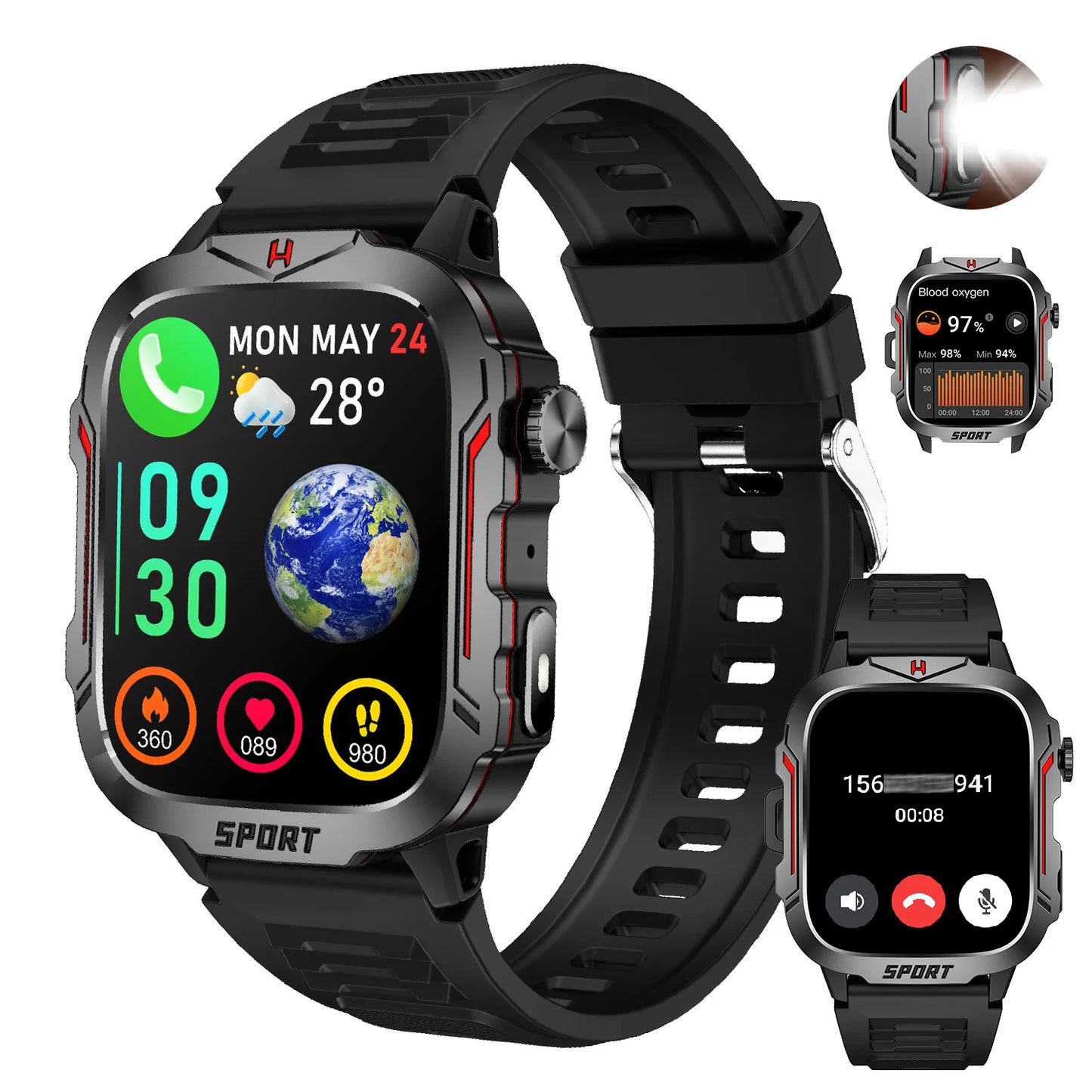 Strong Flashlight Smart Watch for Men/Women, 1.96'' Screen Fitness Tracker with AI Voice Assistant/ Bluetooth Call/ 100+Sports