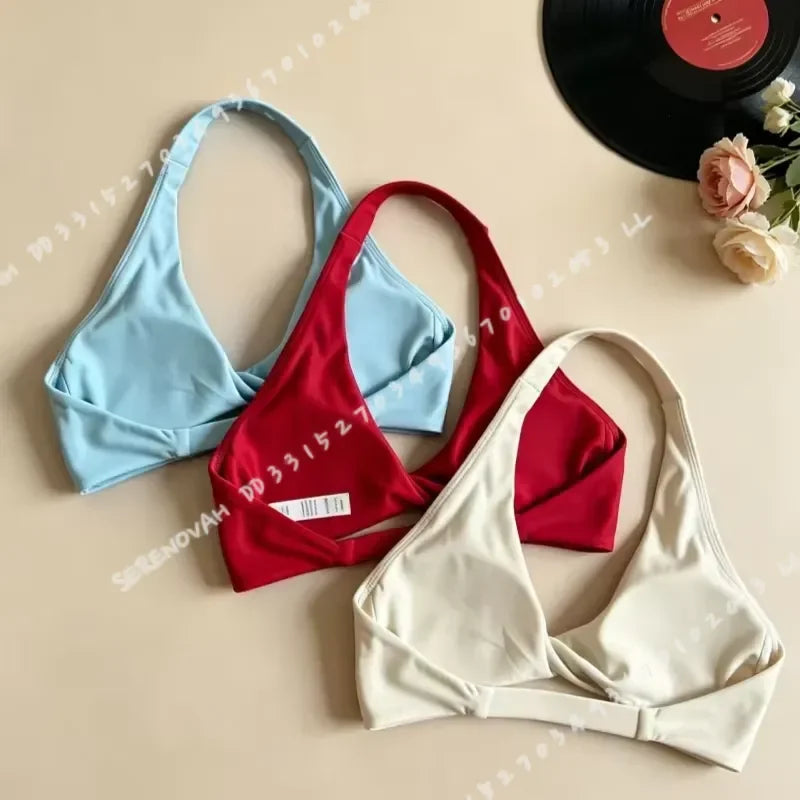 Women Halter Twist Front Open Back Sports Bra Removable Padded Push Up Yoga Top Soft Skin-friendly Fitness Pilates Crop Bra