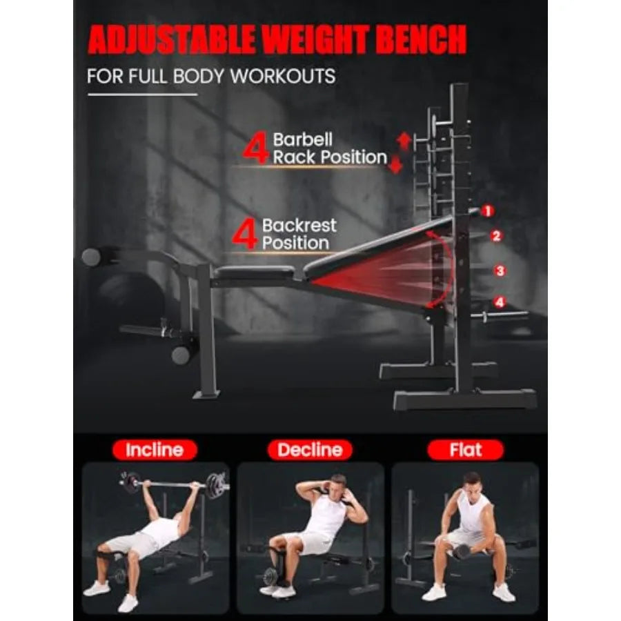 Adjustable Weight Bench Set with Squat Rack 3 Sec Folding Workout Bench for Full Body Exercise 600LBS All-in-One Bench Press wi