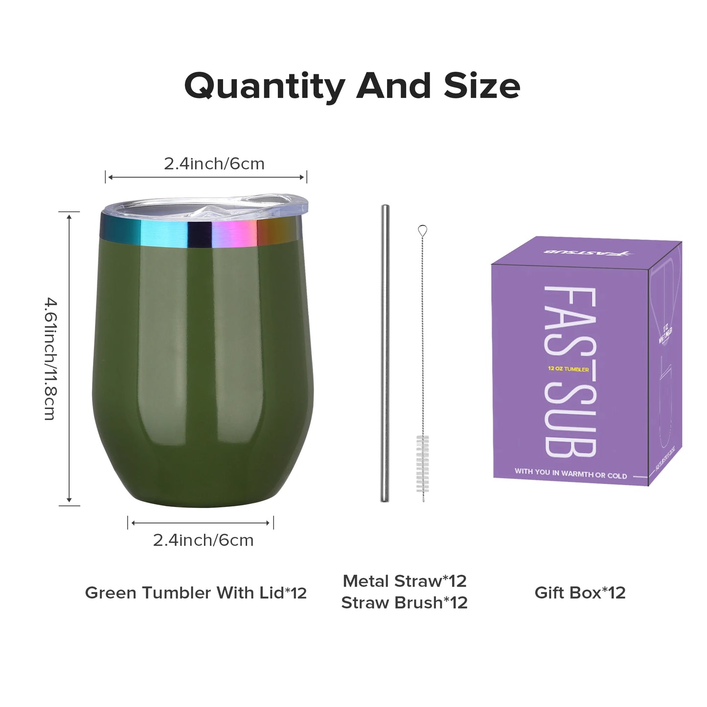 12 Pack 12 oz With Cap Stainless Steel Insulated Stemless Double Wall Vacuum Wine Glass,for laser Engraving Gifts,6 Colors