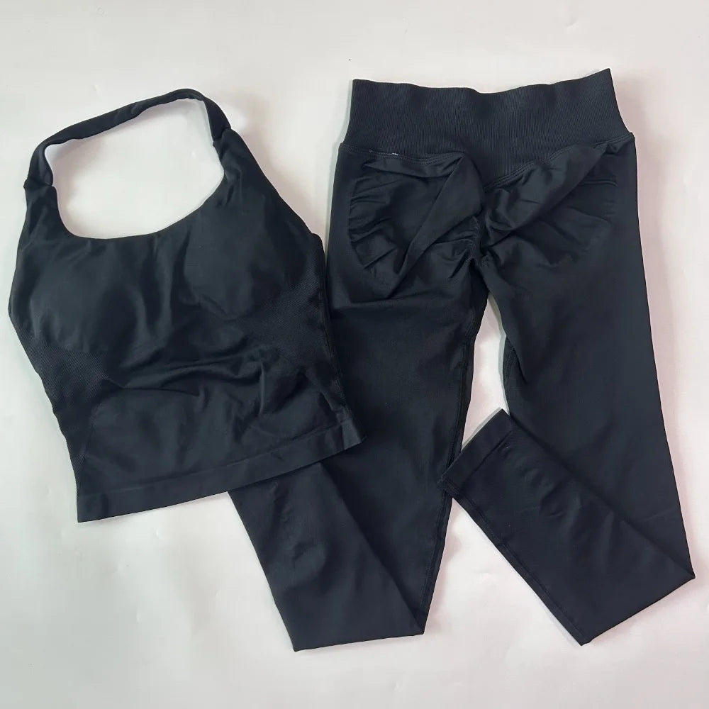2pcs Women's Gym Set Backless Tank Top High Waist Scrunch Shorts Seamless Fitness Activewear Workout Suit