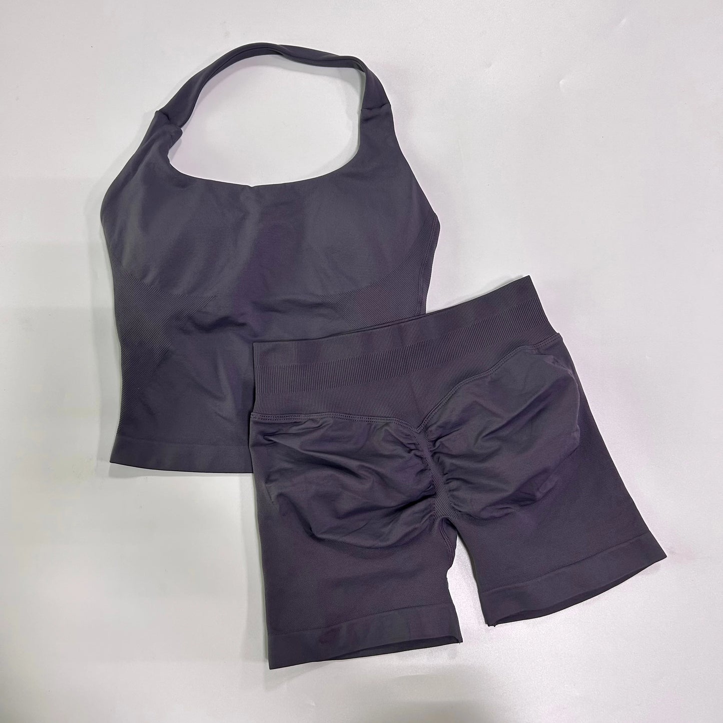 2pcs Women's Gym Set Backless Tank Top High Waist Scrunch Shorts Seamless Fitness Activewear Workout Suit