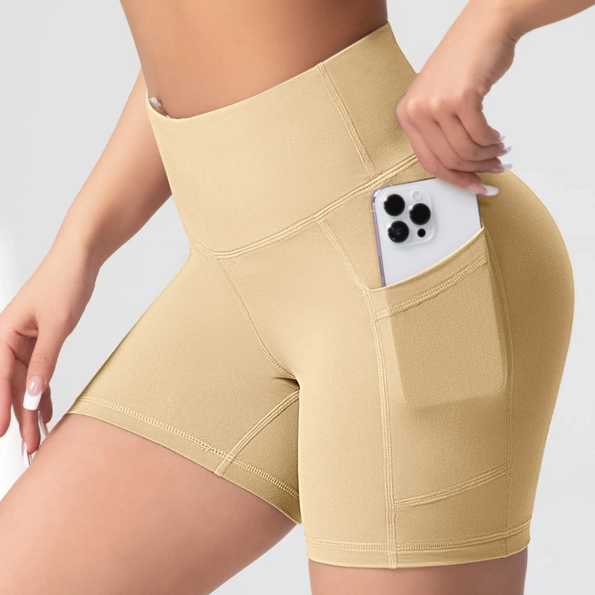 Women High Waist Yoga Shorts with Pockets Butt Lifting Cycling Tights Elastic Slim Running Fitness Sportswear