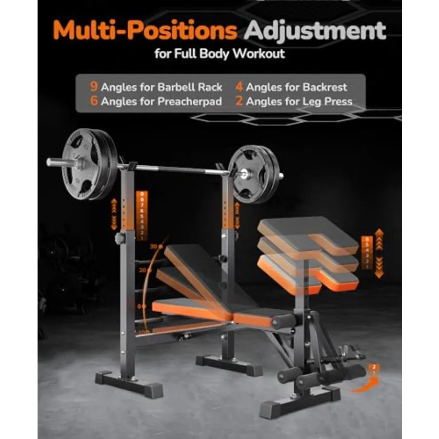 Multi-Function 6 in 1 Weight Bench Set for Home Gym - Adjustable Steel Bench with Leg Press and Preacher Curl Rack Black Full B