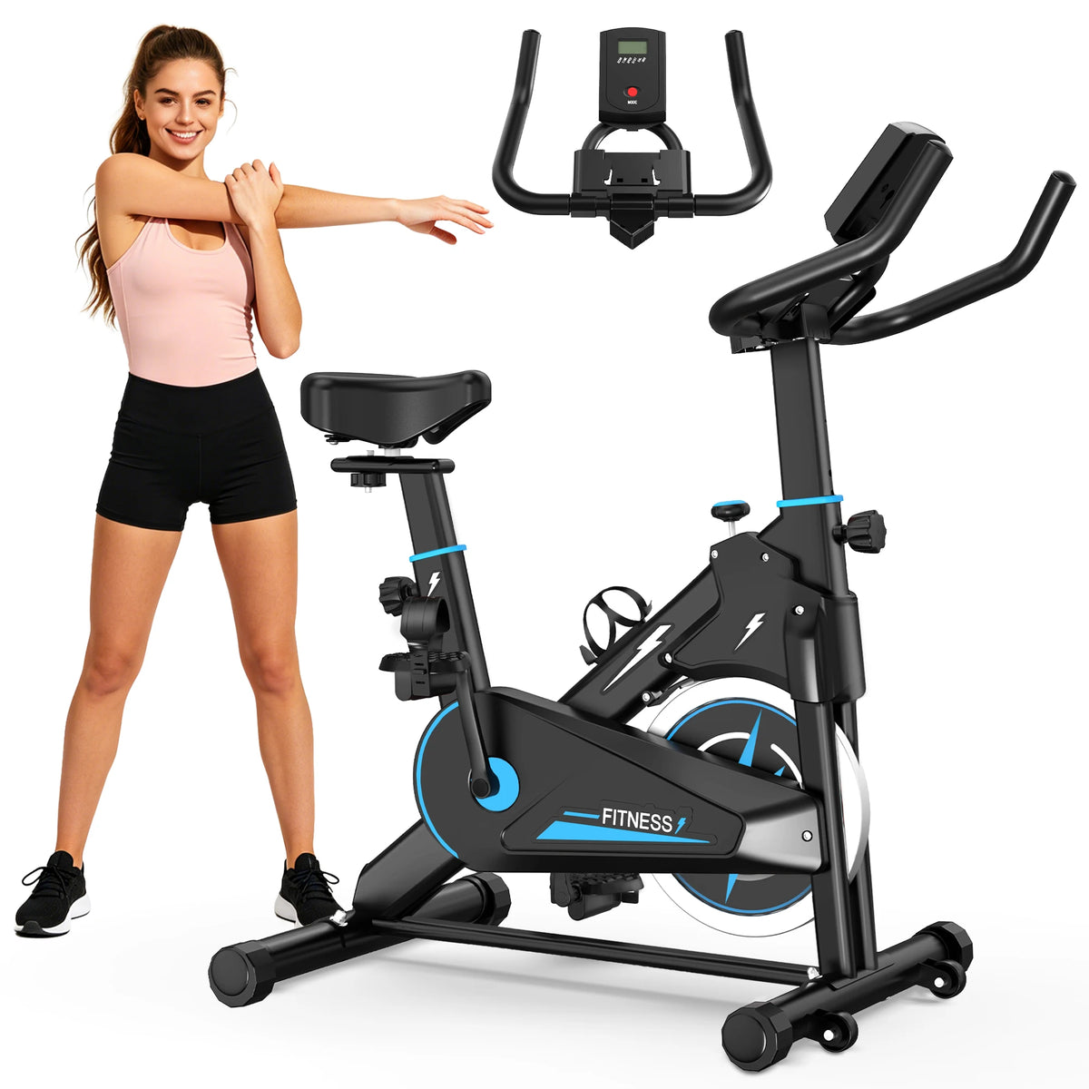 Ye Indoor Exercise Bike with Monitor, Adjustable Resistance, Comfortable Seat & Handlebars, Stable Base, Portable Design for Daily Indoor Fitness Workout