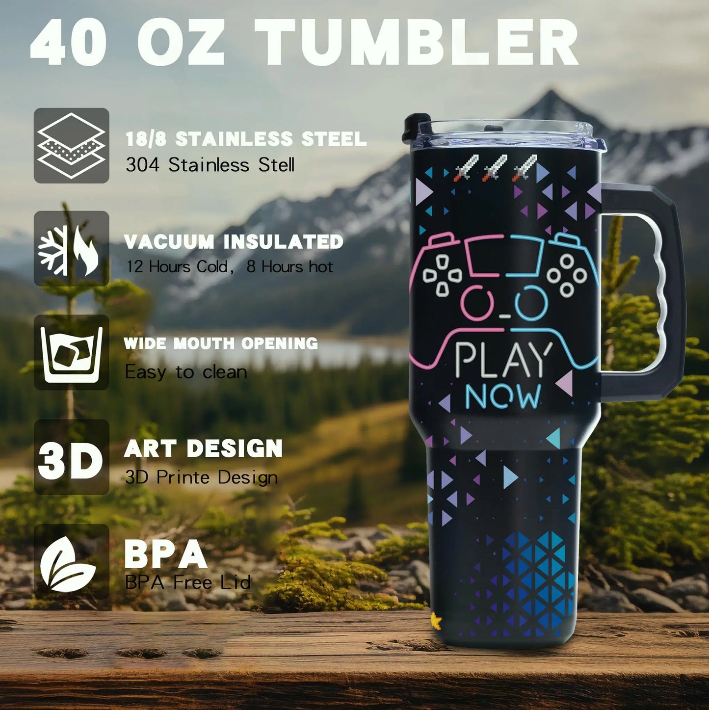 Gaming Controller 40oz Vacuum Tumbler, Stainless Steel Cup with Handle, Straw, Flip Lid, Wide Mouth, Gift for Husband