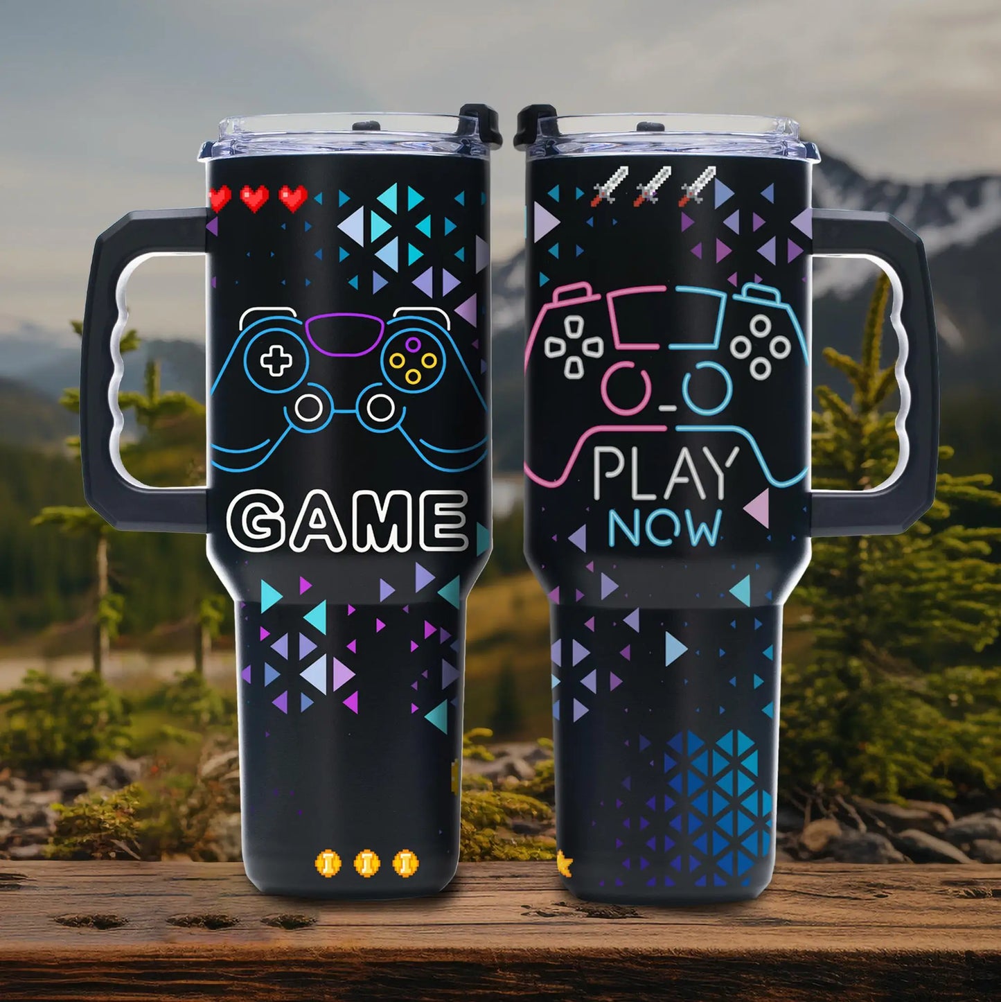 Gaming Controller 40oz Vacuum Tumbler, Stainless Steel Cup with Handle, Straw, Flip Lid, Wide Mouth, Gift for Husband