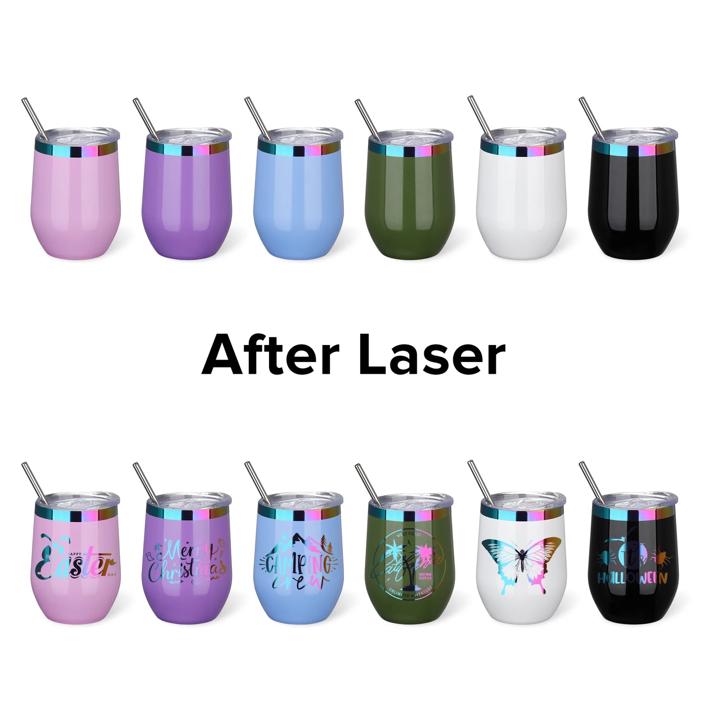 12 Pack 12 oz With Cap Stainless Steel Insulated Stemless Double Wall Vacuum Wine Glass,for laser Engraving Gifts,6 Colors