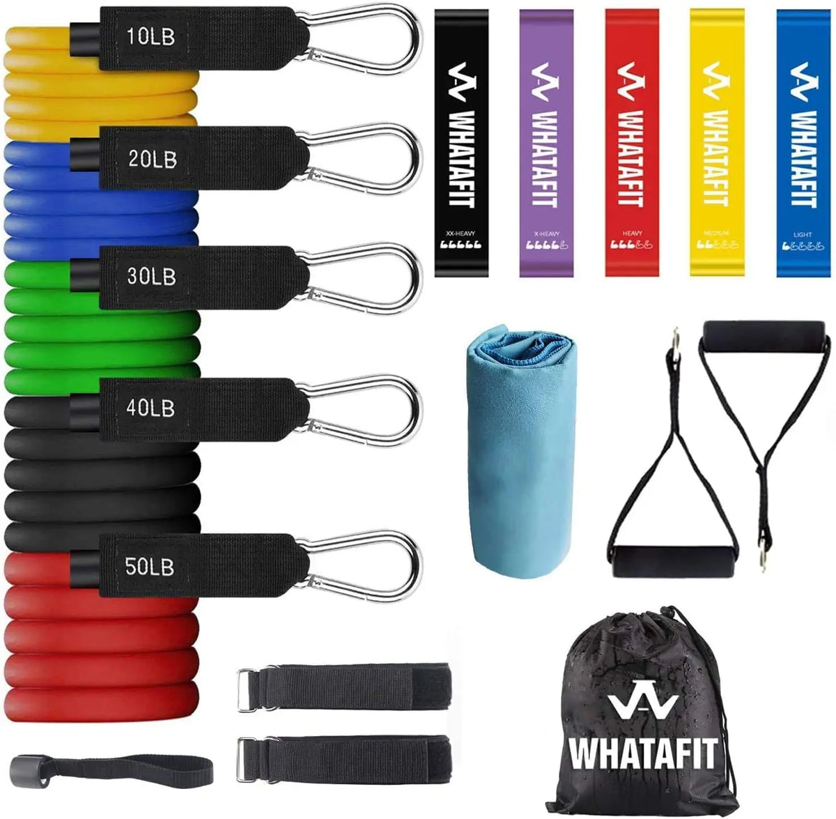 WHATAFIT Resistance Bands, Exercise Bands, Workout Bands with Handles, Door Anchor and Ankle Straps, 5 Resistance Levels Fitness Bands for Strength Training, Physical Therapy, and Home Gym Equipment