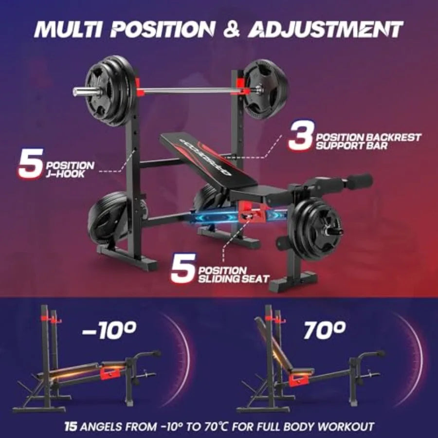900 LBS Weight Bench Set with Squat Rack Adjustable Flat/Incline/Decline Bench Press Set with Leg Extension and Leg Curl Foldab