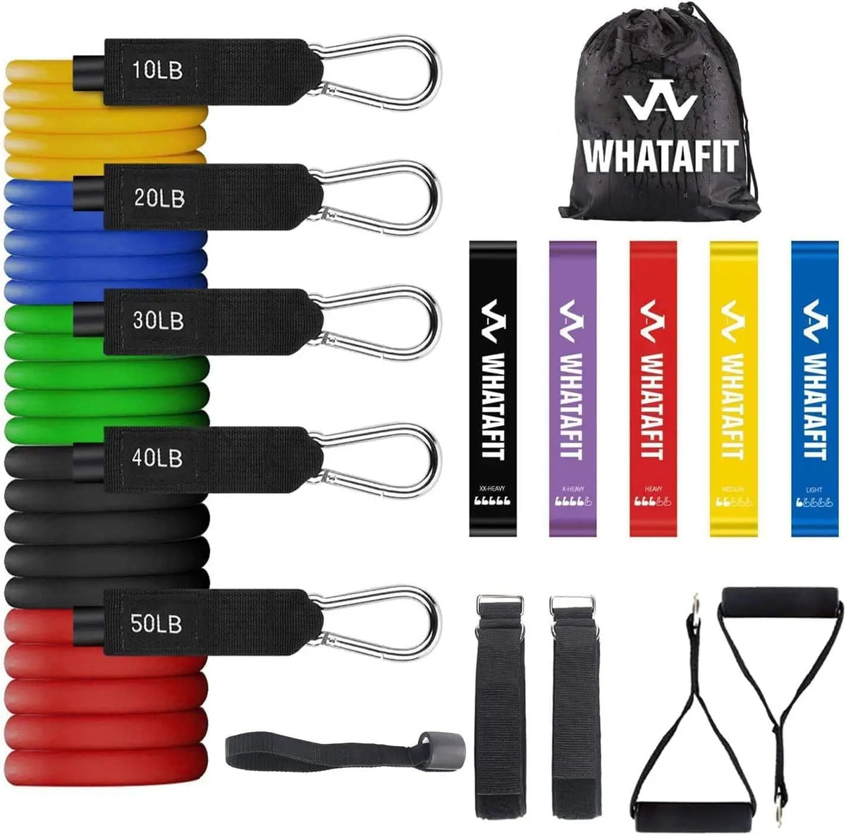 WHATAFIT Resistance Bands, Exercise Bands, Workout Bands with Handles, Door Anchor and Ankle Straps, 5 Resistance Levels Fitness Bands for Strength Training, Physical Therapy, and Home Gym Equipment