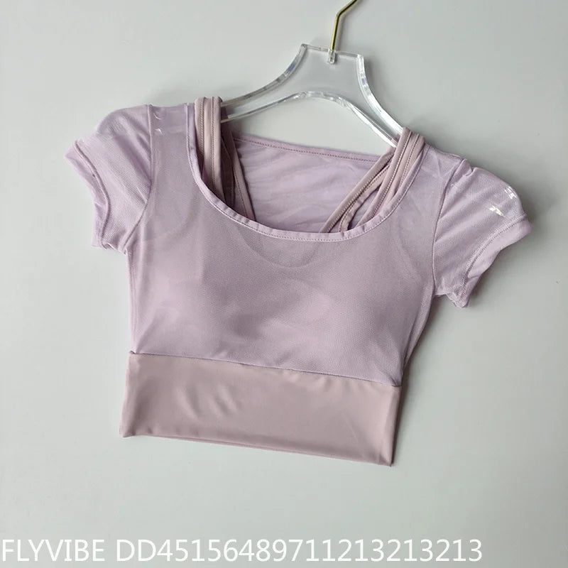 Women Pilates Training Fitness Suit Built‑in Chest Pad Quick Dry Short Sleeve Yoga Top Breathable High‑End Feel Gym Workout Activewear
