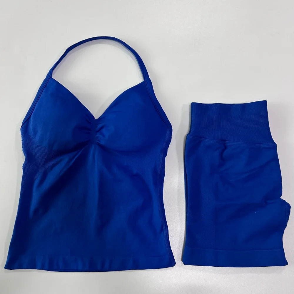 2Pcs Gym Set Women Backless Tank Tops High Waist Scrunch Seamless Shorts Gym Suit Fitness Clothes Activewear Workout Sets