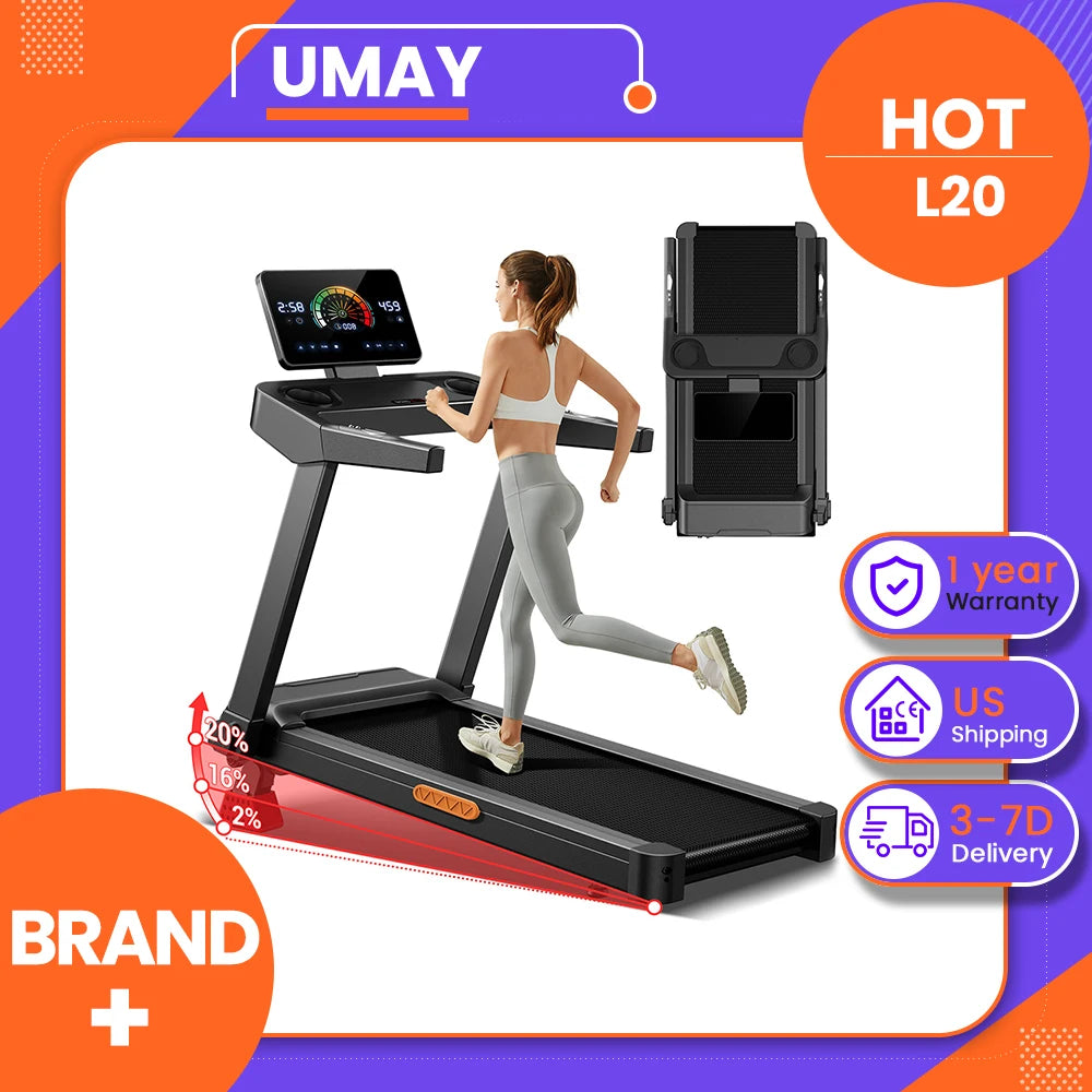 UMAY L20 Treadmill with 20% Manual Incline, 3-Level Incline Adjustment, 3.5HP Brushless Motor, 400 lbs Max Load, 108×41.2cm Wide Belt, Touchscreen Display & Ultra-Slim Fold for Family Use, Local delivery
