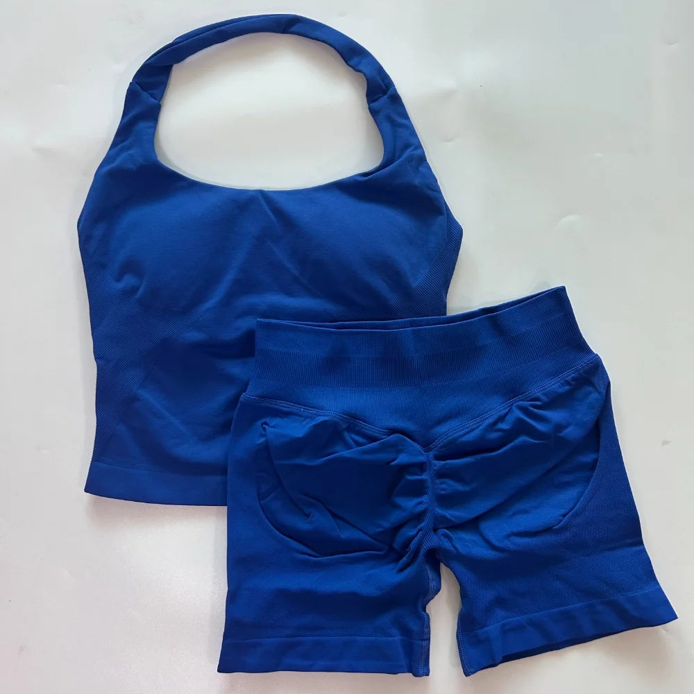 2pcs Women's Gym Set Backless Tank Top High Waist Scrunch Shorts Seamless Fitness Activewear Workout Suit