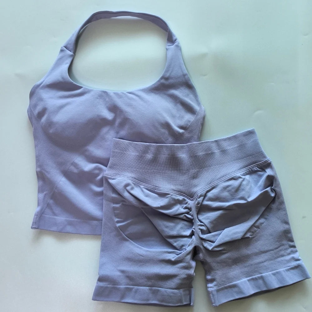 2pcs Women's Gym Set Backless Tank Top High Waist Scrunch Shorts Seamless Fitness Activewear Workout Suit