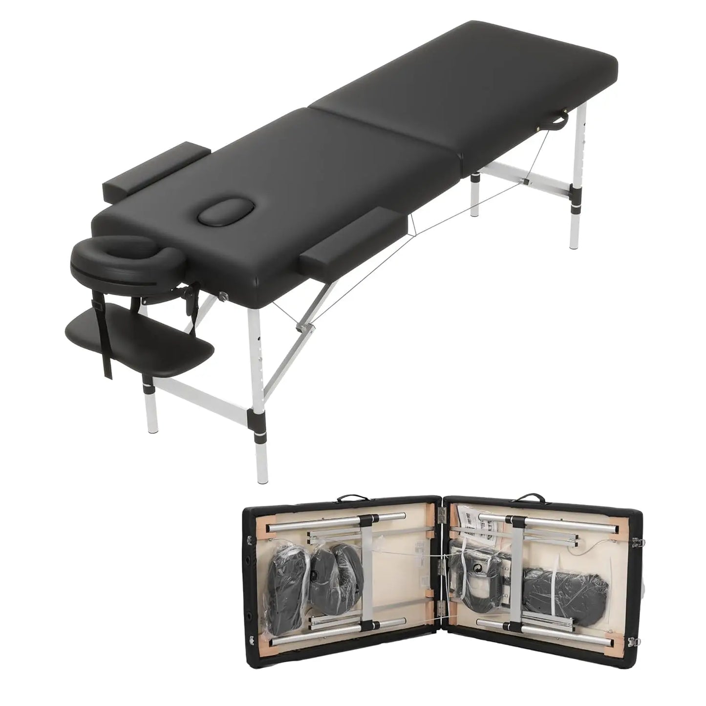 Foldable 2 Section Portable Massage Table Height Adjustable Facial Spa Tattoo Bed with Face Cradle Aluminum Frame Home, Custom