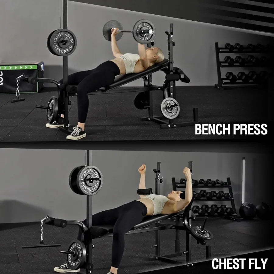8 in 1 Weight Bench Set with Leg Extension and Leg Curl, Multi-Function Bench Press Set with Preacher Curl Pad and Chest Fly, Fu