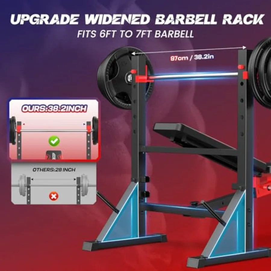 900 LBS Weight Bench Set with Squat Rack Adjustable Flat/Incline/Decline Bench Press Set with Leg Extension and Leg Curl Foldab