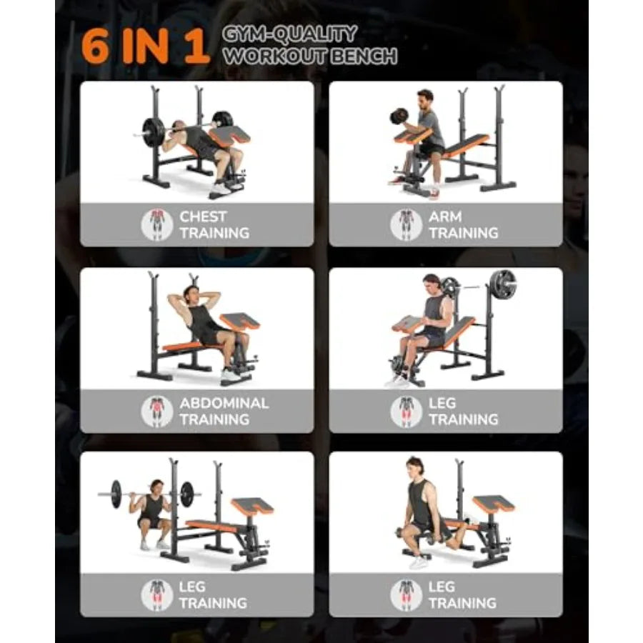 Multi-Function 6 in 1 Weight Bench Set for Home Gym - Adjustable Steel Bench with Leg Press and Preacher Curl Rack Black Full B