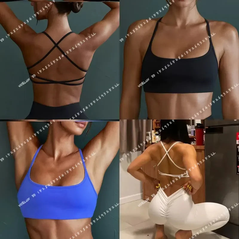 Women Cross Back Sports Bra Shockproof Gathered Gym Running Yoga Vest Summer Outdoor Comfortable Fitness Wear