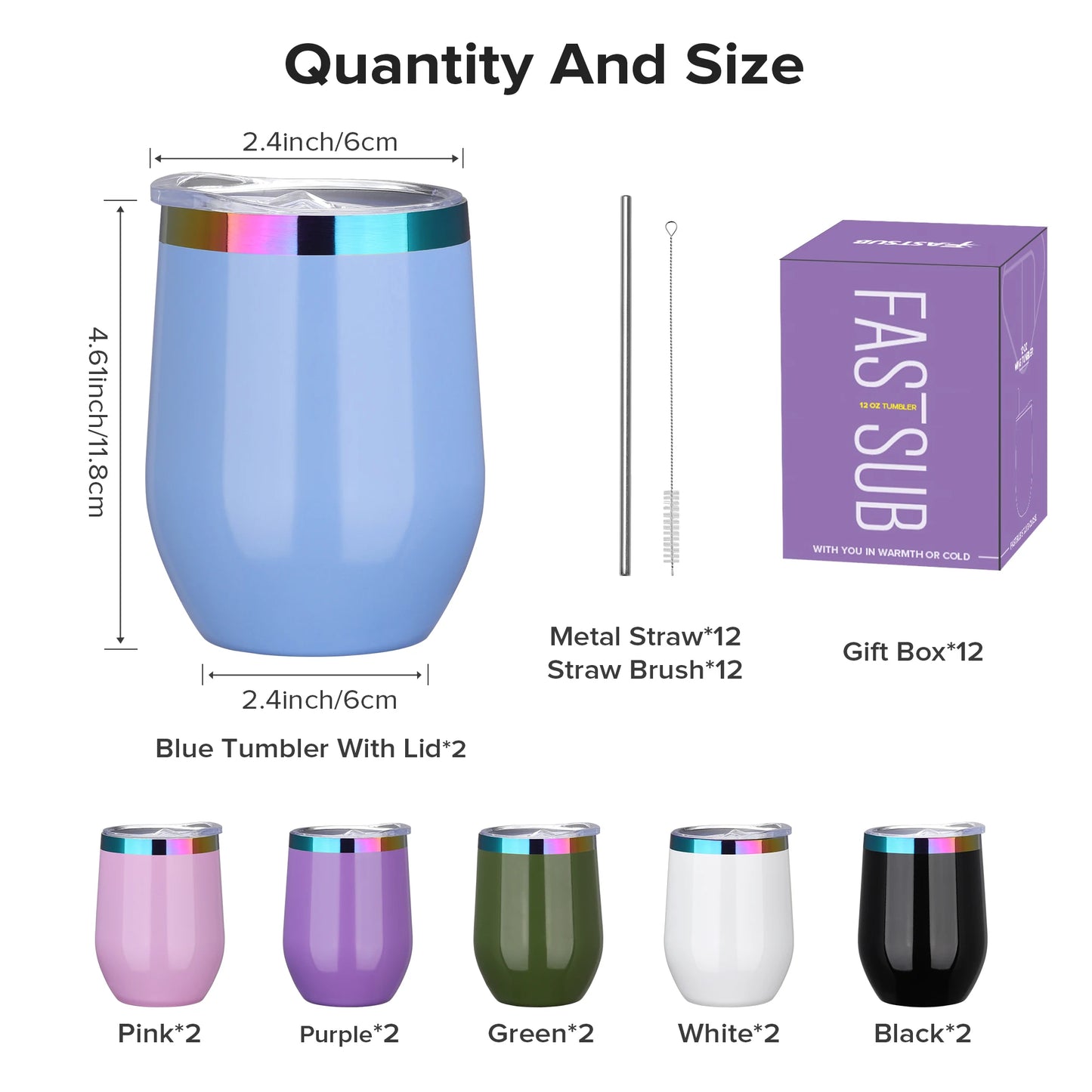 12 Pack 12 oz With Cap Stainless Steel Insulated Stemless Double Wall Vacuum Wine Glass,for laser Engraving Gifts,6 Colors