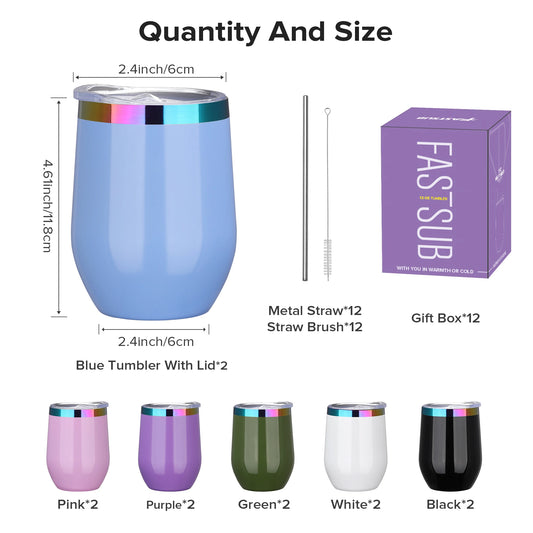 12 Pack 12 oz With Cap Stainless Steel Insulated Stemless Double Wall Vacuum Wine Glass,for laser Engraving Gifts,6 Colors