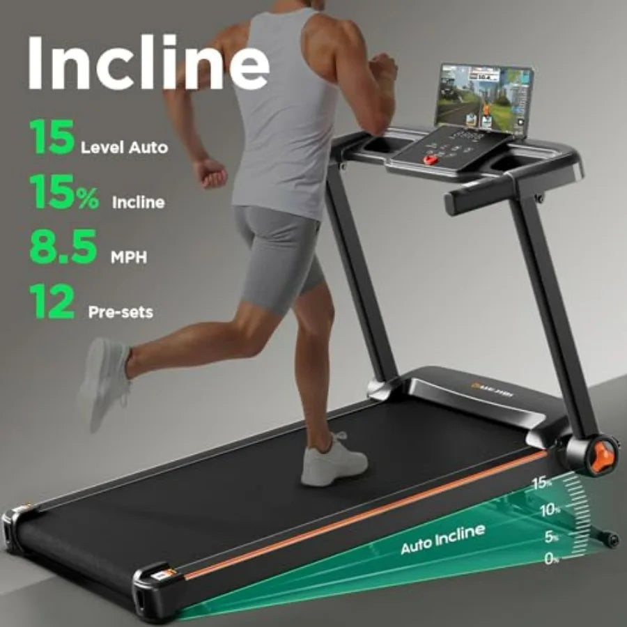 Treadmill with 0-15 Auto Incline 3.5HP Quiet Brushless Foldable Treadmills for Home Small Space Portable Running Walking Machin